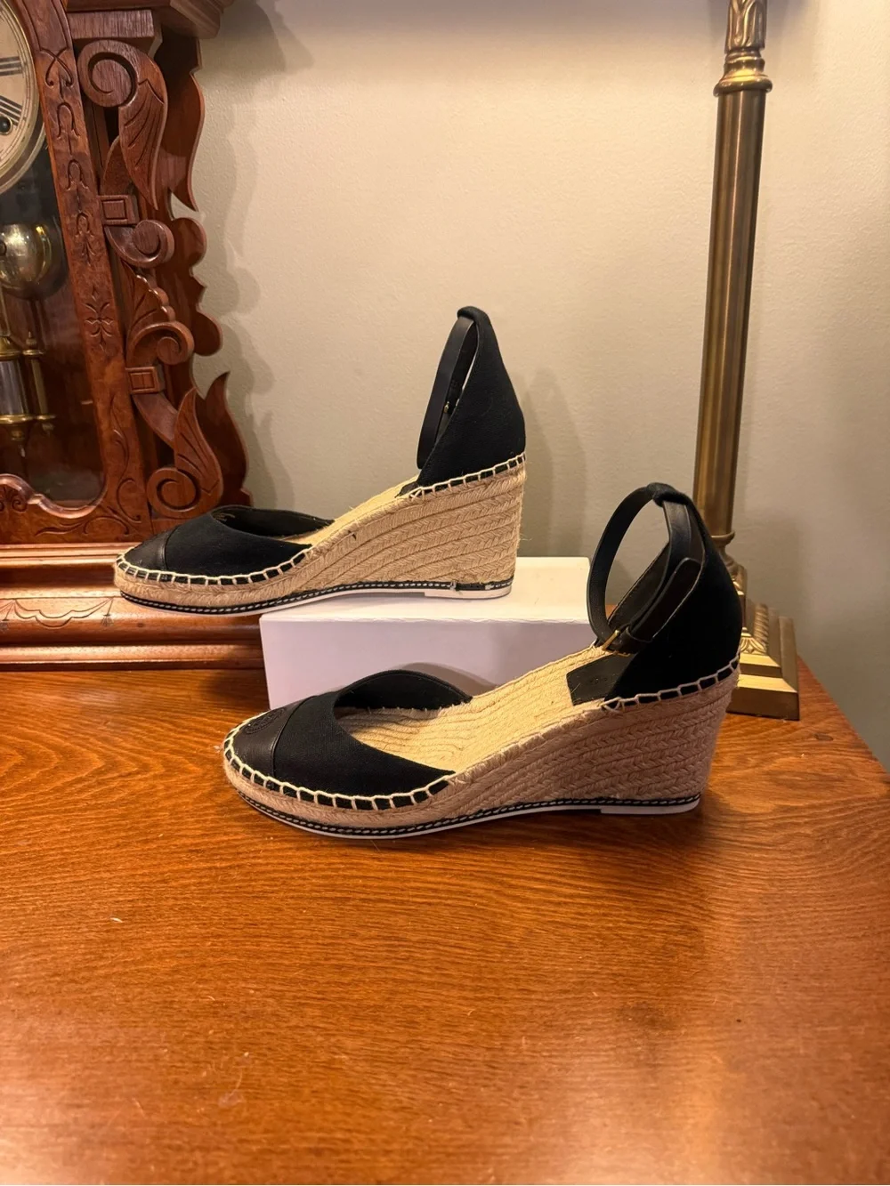 Tory Burch Black Canvas/Leather Espadrille Ankle-Strap Wedge Sandals Size 10.5